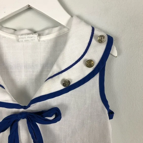 Vintage 6 girls sailor dress white blue collar sleeveless 0068 - Picture 5 of 10